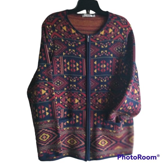 L Alia Vintage knit Aztec geometric print zipper cardigan navy blue - Picture 9 of 9